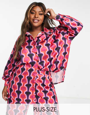 oversized shirt in pink geo print - part of a set-Multi