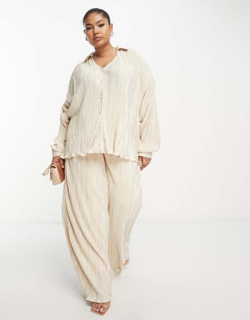In The Style Plus - Pantaloni comodi color crema plissé in coordinato