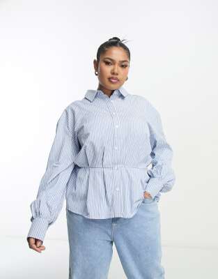 Tops by In The Style Plus Waist-up dressing Stripe design Spread collar Blouson sleeves Button placket Regular fit