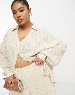 In The Style Plus plisse oversized shirt co-ord in cream