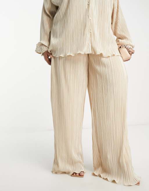 In The Style Plus plisse relaxed pants in cream (Part of a set), 4 of 4