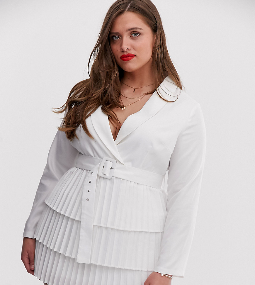 In The Style Plus plunge front blazer dress with pleated skirt in white
