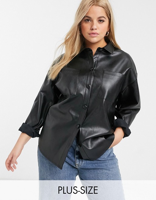 In The Style Plus pu oversized shirt in black