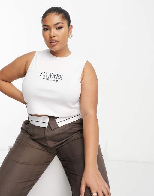 In The Style Plus ribbed racer neck motif vest top in white