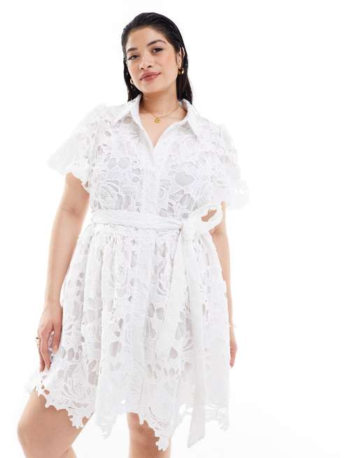  In The Style Plus - Robe chemise courte en dentelle appliquée à manches bouffantes et ceinture - Blanc