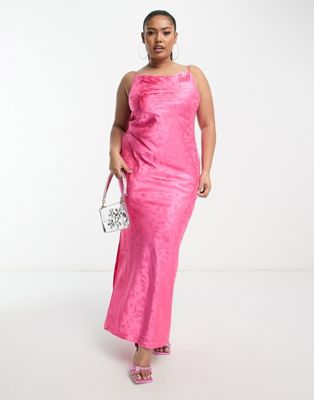 In The Style Plus satin cowl front jacquard maxi dress with thigh split in pink