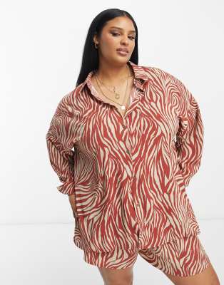In The Style Plus satin oversized beach shirt in zebra (part of a set) 