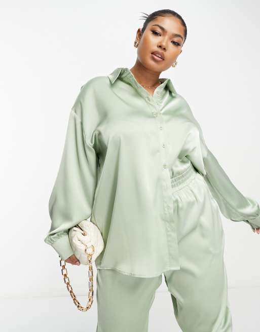 In The Style Plus satin oversized shirt and pants set in sage, 2 of 2