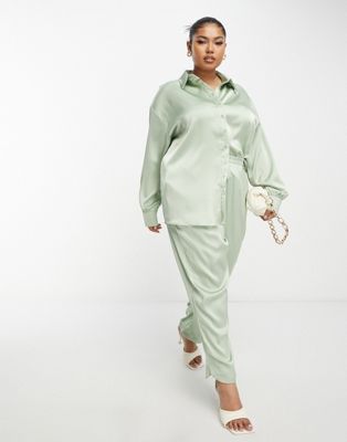 In The Style Plus satin relaxed trouser co-ord in sage - ASOS Price Checker
