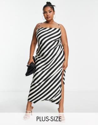 In The Style Plus Satin Side Split Maxi Dress With Lace Up Back Detail In Monochrome Stripe-multi