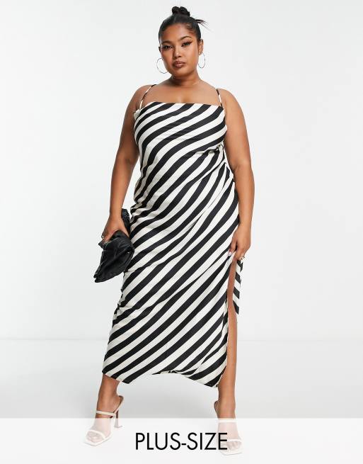 In The Style Plus satin side split maxi dress with lace up back detail in  monochrome stripe