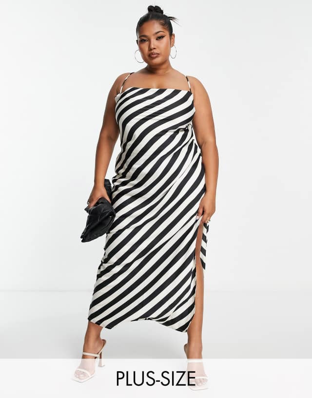 In The Style Plus satin side split maxi dress with lace up back detail in monochrome stripe