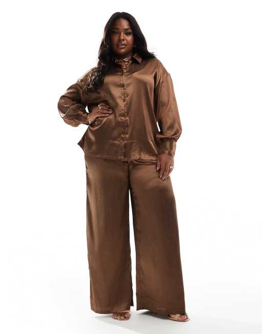 In The Style Plus satin trouser co-ord in mocha