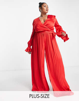 In The Style Plus satin wrap detail pleated wide leg jumpsuit with belt in red