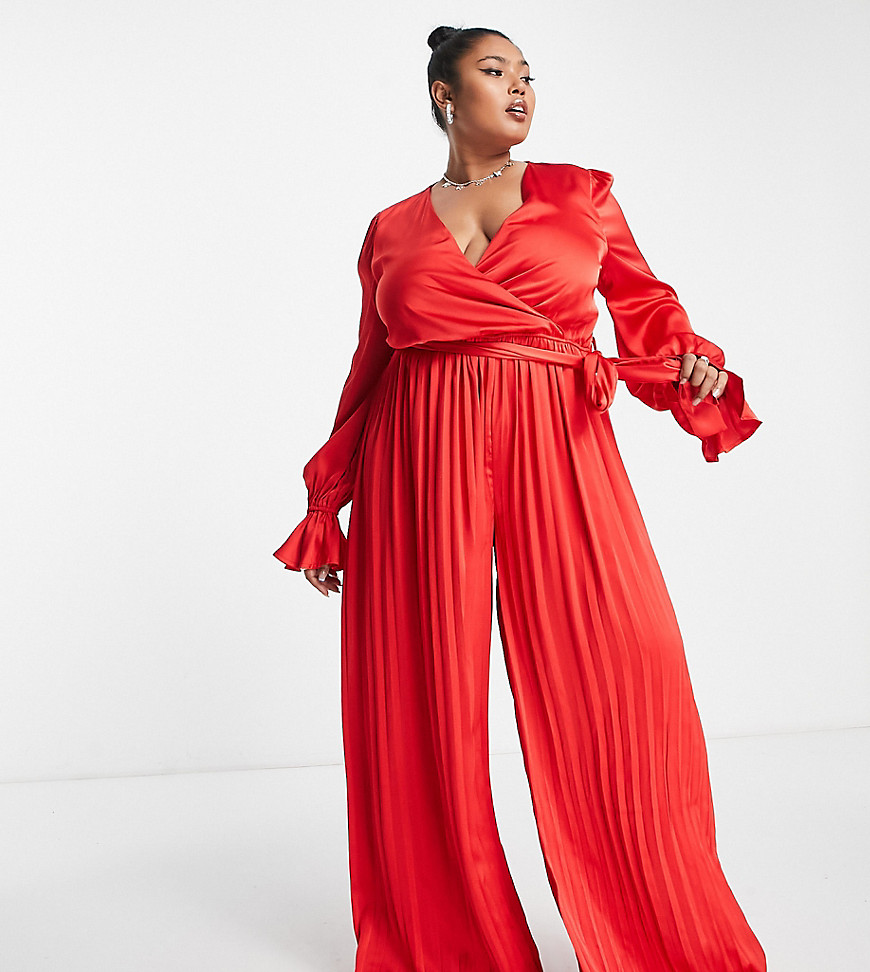 satin wrap detail pleated wide leg jumpsuit with belt in red