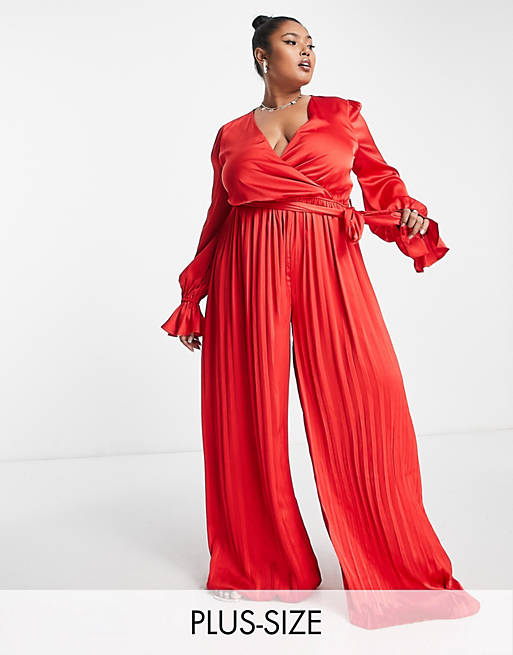 In The Style Plus satin wrap detail pleated wide leg jumpsuit with belt ...