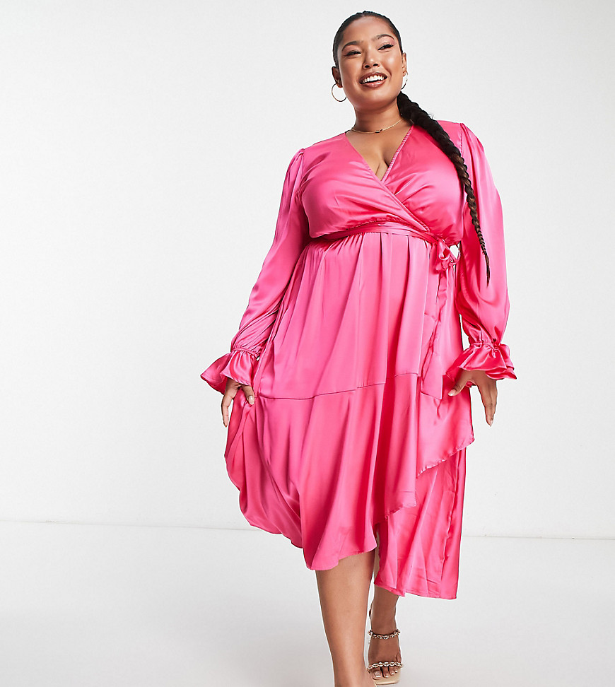 satin wrap detail volume sleeve midi dress with asymmetric ruffle hem in pink