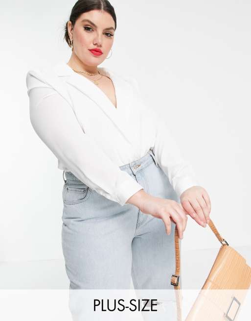 In The Style Plus satin wrap front bodysuit in white