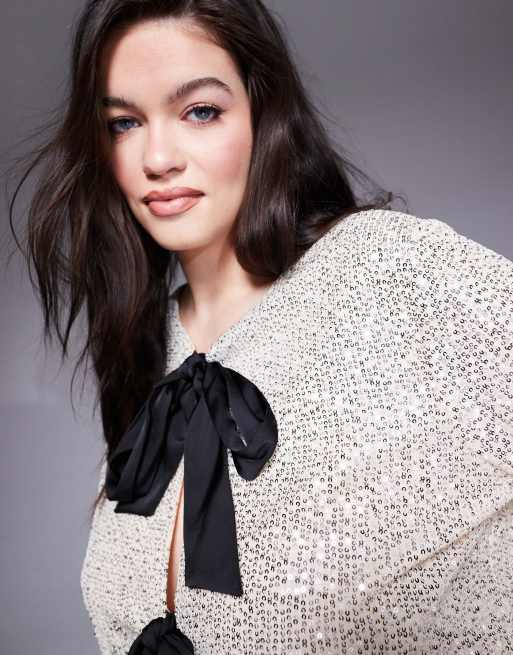 In The Style Plus sequin top with contrast bow detail in cream ASOS