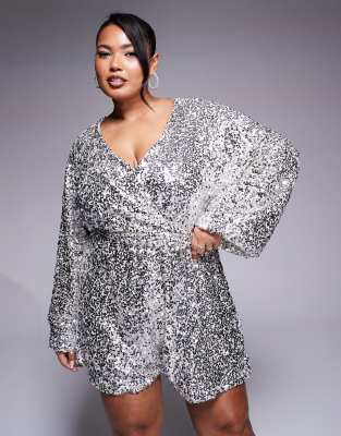 In The Style Plus In The Style Plus sequin wrap front balloon sleeve belted playsuit in silver