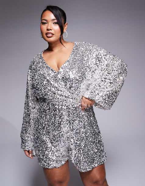 In The Style Plus sequin wrap front balloon sleeve belted playsuit in silver - view 1