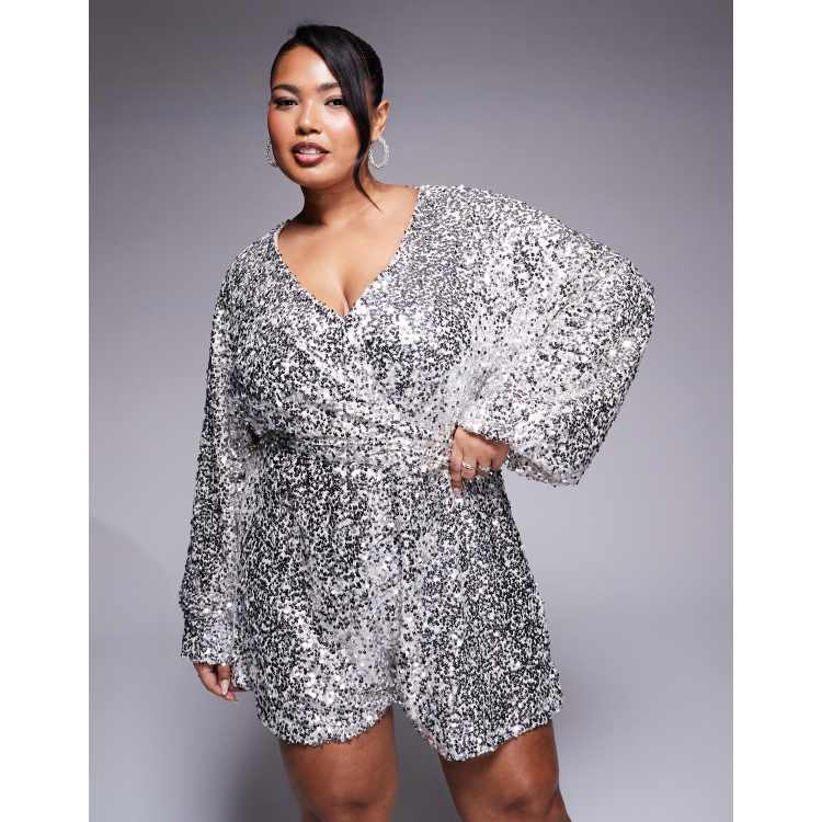 In The Style Plus sequin wrap front balloon sleeve belted playsuit