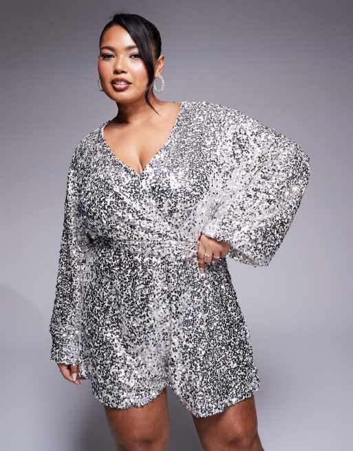 In The Style Plus sequin wrap front balloon sleeve belted playsuit in silver