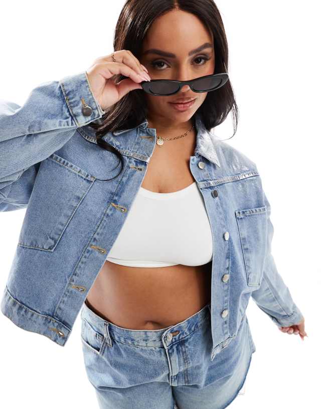 In The Style Plus - silver foil detail crop denim jacket in light blue