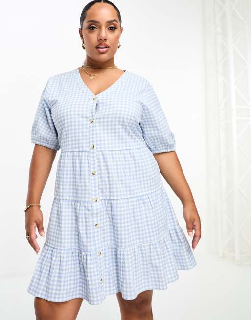 In The Style Plus - Smock-minikjole med knapper og blå ginghamtern - Kun hos ASOS