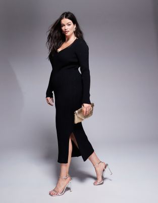 In The Style Plus In The Style Plus soft ribbed v neck maxi jumper dress in black