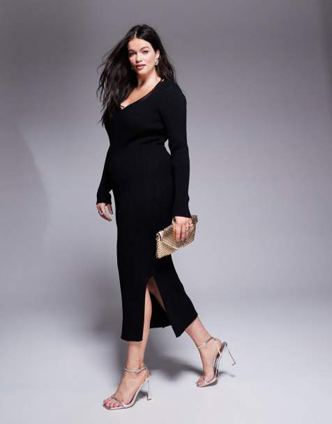 In The Style Plus soft ribbed v neck maxi jumper dress in black - view 1