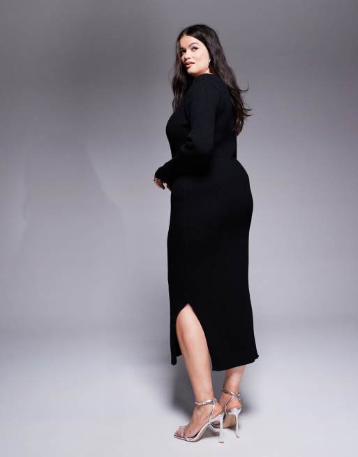 In The Style Plus soft ribbed v neck maxi jumper dress in black