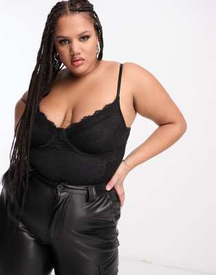 In The Style Plus - Sort bodystocking med blonder