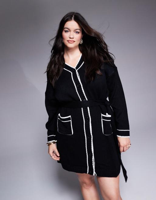 In the Style Plus - Sort cardigan-minikjole med bælte og kontrasterende kanter