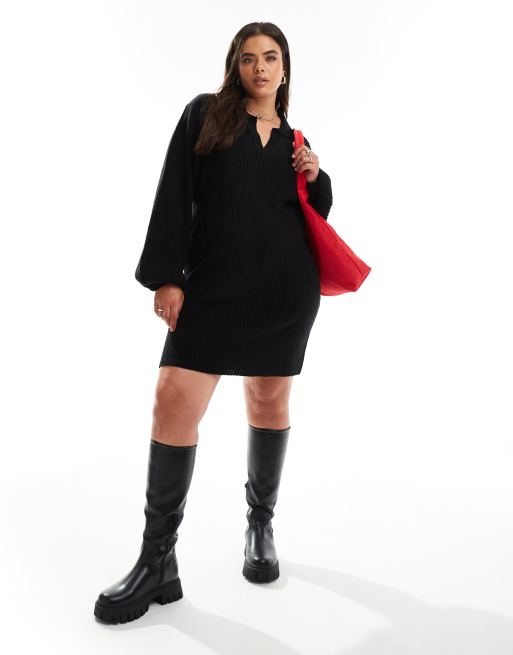 In The Style Plus - Sort strikket mini-sweaterkjole med kravedetalje - Kun hos ASOS