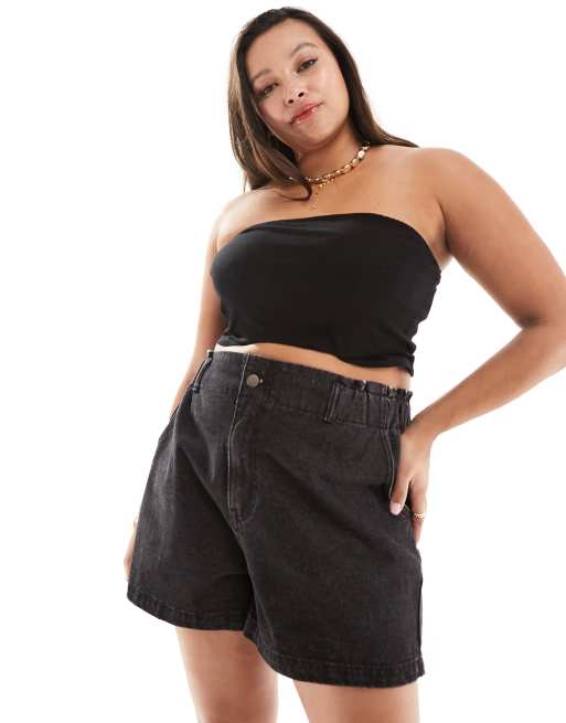 In The Style Plus - Sorte denimshorts med elastisk paperbag-talje - Kun hos ASOS