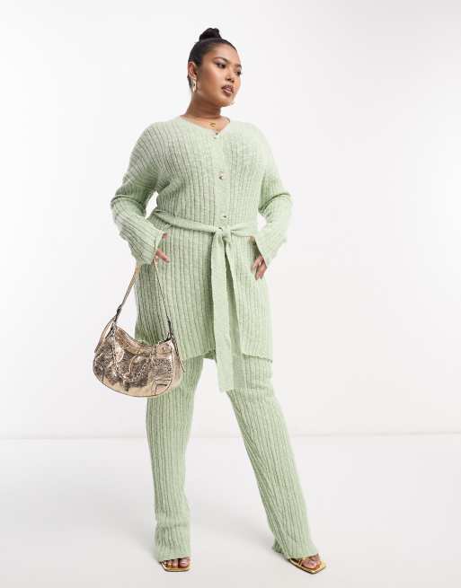 In The Style Plus - Strikket longline-cardigan i salviegrøn - Del af sæt