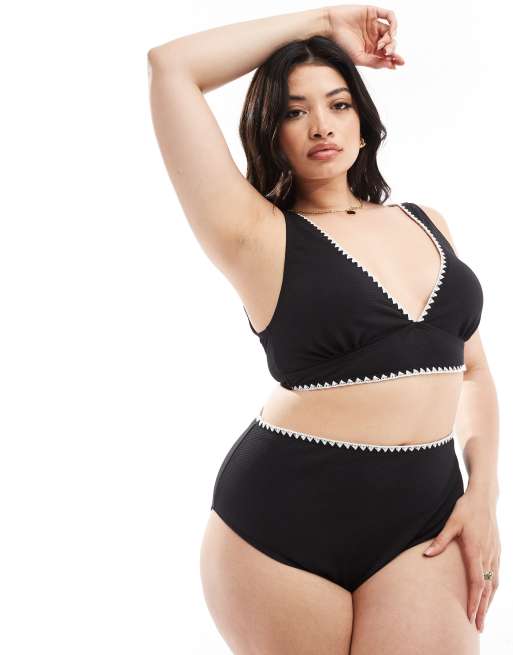 In The Style Plus - Top bikini nero con cuciture a contrasto in coordinato