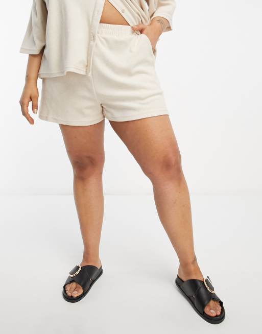 In The Style Plus towelling  beach short co-ord in cream