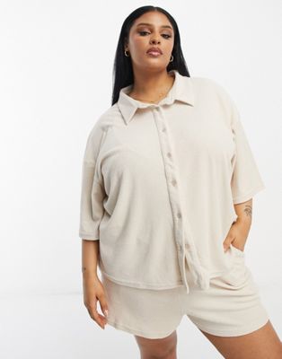 In The Style Plus towelling oversized beach shirt co-ord in cream