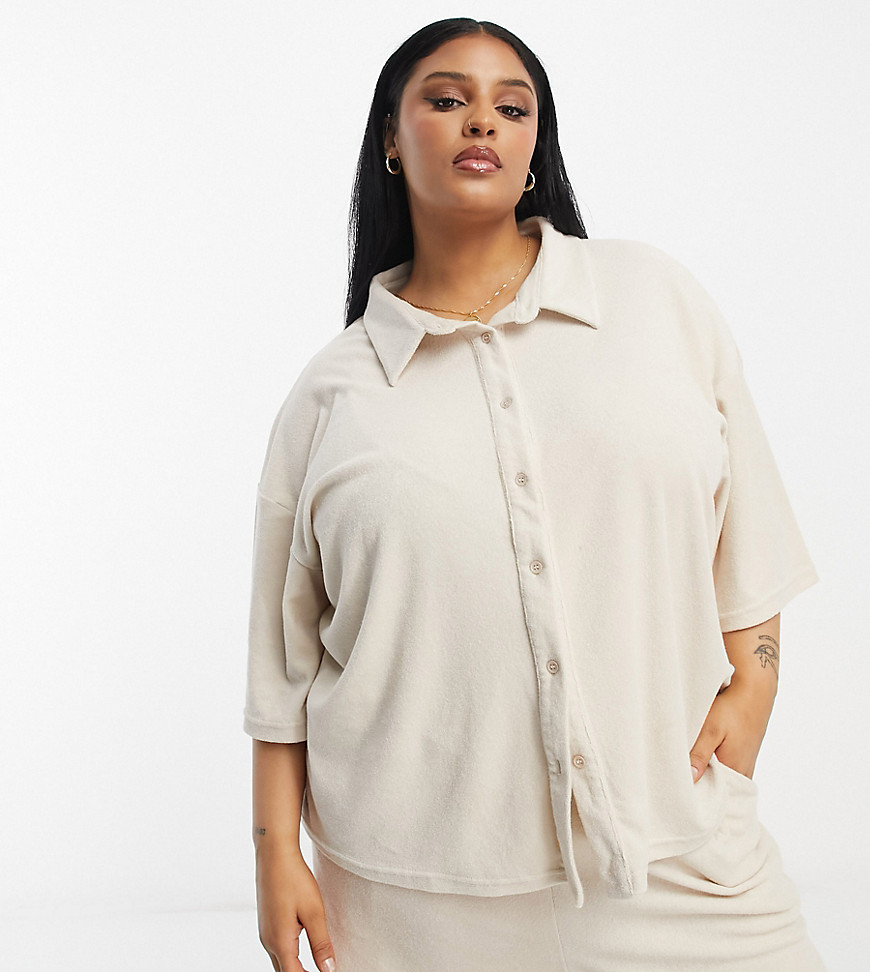 In The Style Plus Towelling Oversized Beach Shirt In Cream - Part Of A Set-white