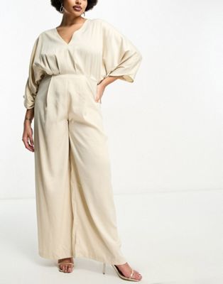 V-neck batwing sleeve wide leg jumpsuit in stone-Neutral