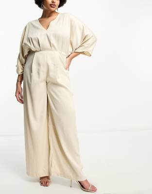 In The Style Plus V-neck batwing sleeve wide leg jumpsuit in stone-Neutral