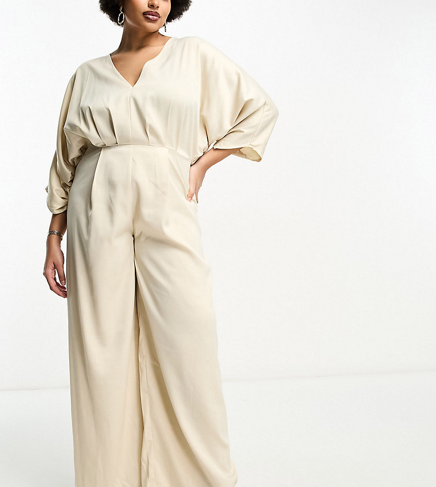 In The Style Plus v neck batwing sleeve wide leg jumpsuit in stone-Neutral
