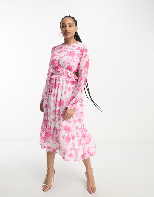 In The Style Plus - Vestito midi in chiffon a balze con cut-out laterali a fiori rosa