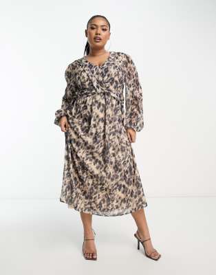 In The Style Plus - Vestito Midi In Chiffon Leopardato Con Dettaglio Incrociato E Maniche Voluminose
