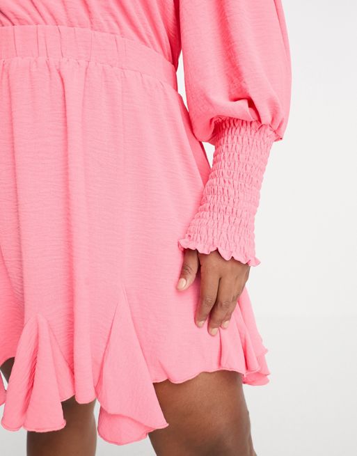 In The Style Plus volume sleeve skater dress with pleated skirt detail in  pink