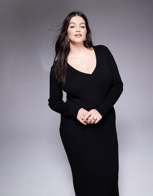 In The Style Plus – Weiches, geripptes Maxi-Pulloverkleid in Schwarz mit V-Ausschnitt, 3 von 4