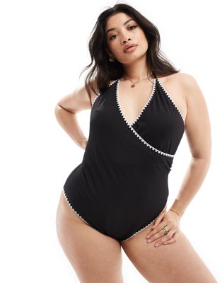 In The Style Plus wrap front contrast stitch swimsuit in black
