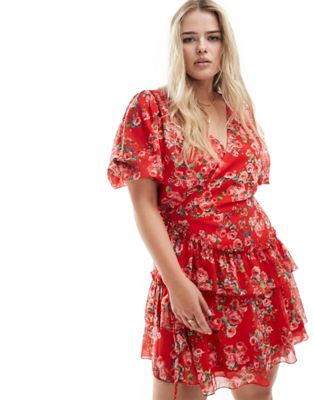 In The Style Plus chiffon frill wrap mini dress in rose floral print